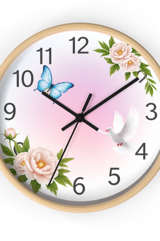 Wall Clock — Pastel Floral Clock with Dove & Blue Butterfly by Grace Canvas Shop