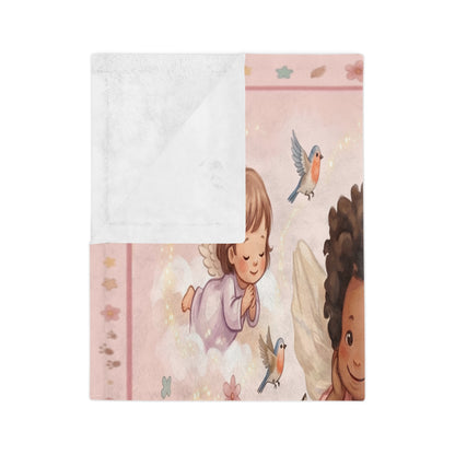 Angel Baby Blanket – Pink Velveteen Microfiber with Cute Angels & Butterflies