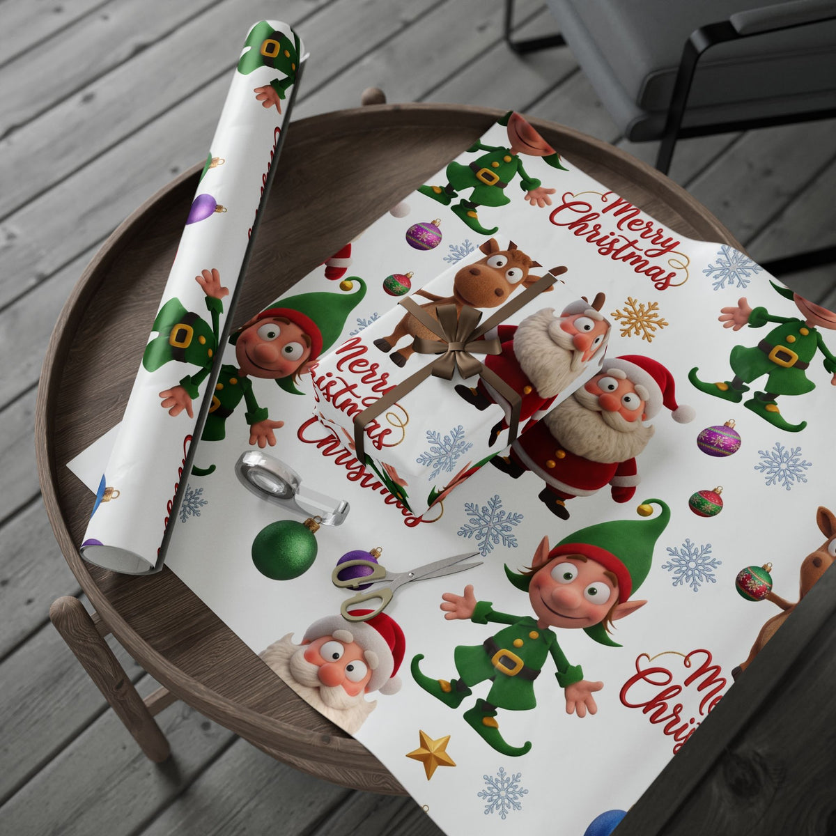 Christmas Elf Wrapping Paper Roll — Cute Holiday Gift Wrap with Elves & Trees