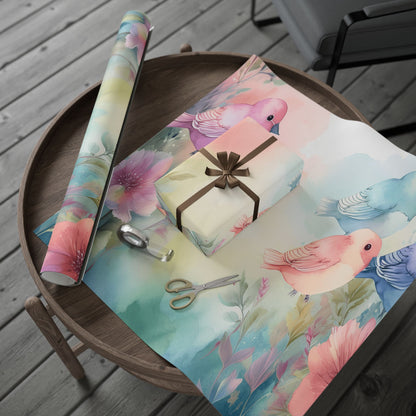 Pastel Bird Floral Wrapping Paper — Watercolor Birds Gift Wrap for Baby Showers & Spring Occasions