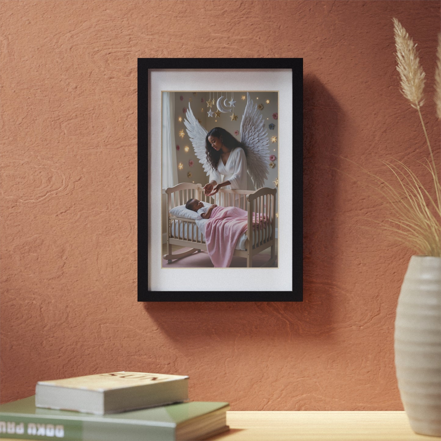Guardian Angel Nursery Framed Poster – Angel Watching Over Sleeping Baby