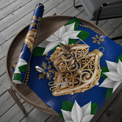 Blue & Gold Ornament Poinsettia Gift Wrap — Navy Blue Christmas Wrapping Paper