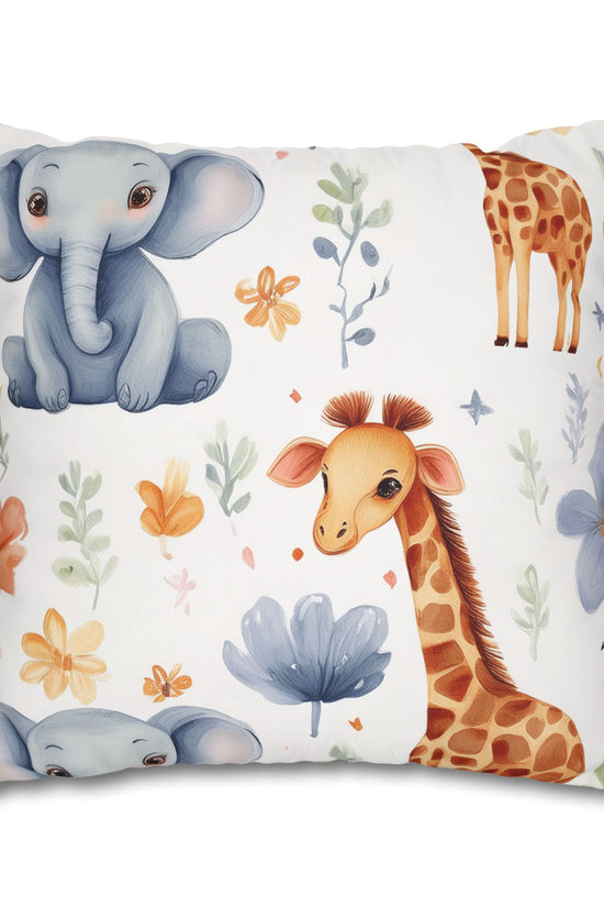 Nursery Animal Throw Pillowcase — Giraffe & Elephant Floral Square Cushion Cover by Grace Canvas Shop
