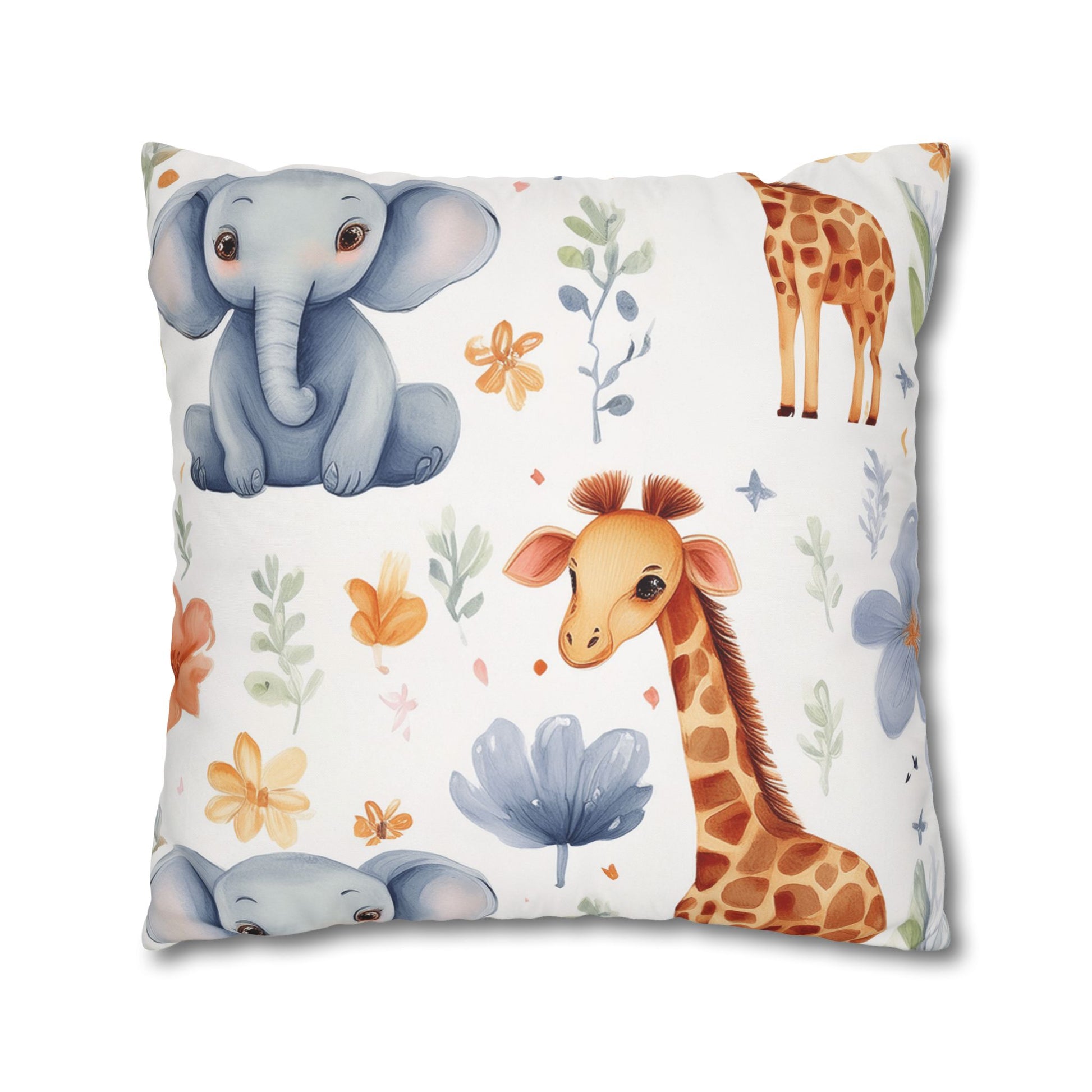 Nursery Animal Throw Pillowcase — Giraffe & Elephant Floral Square Cushion Cover by Grace Canvas Shop