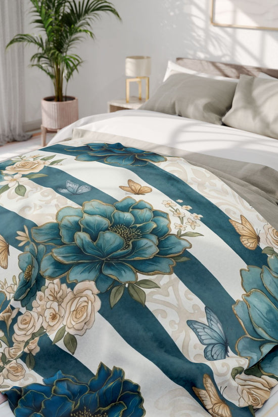 Teal Peony Striped Throw Fleece Blanket
