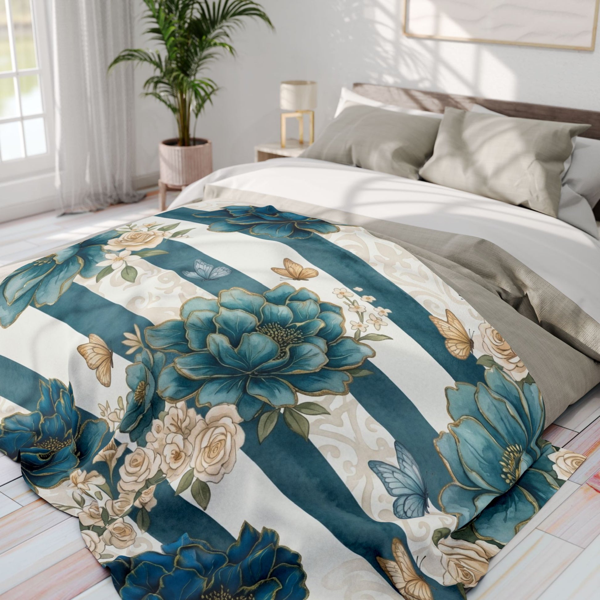 Teal Peony Striped Throw Fleece Blanket