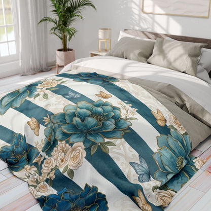 Teal Peony Striped Throw Fleece Blanket