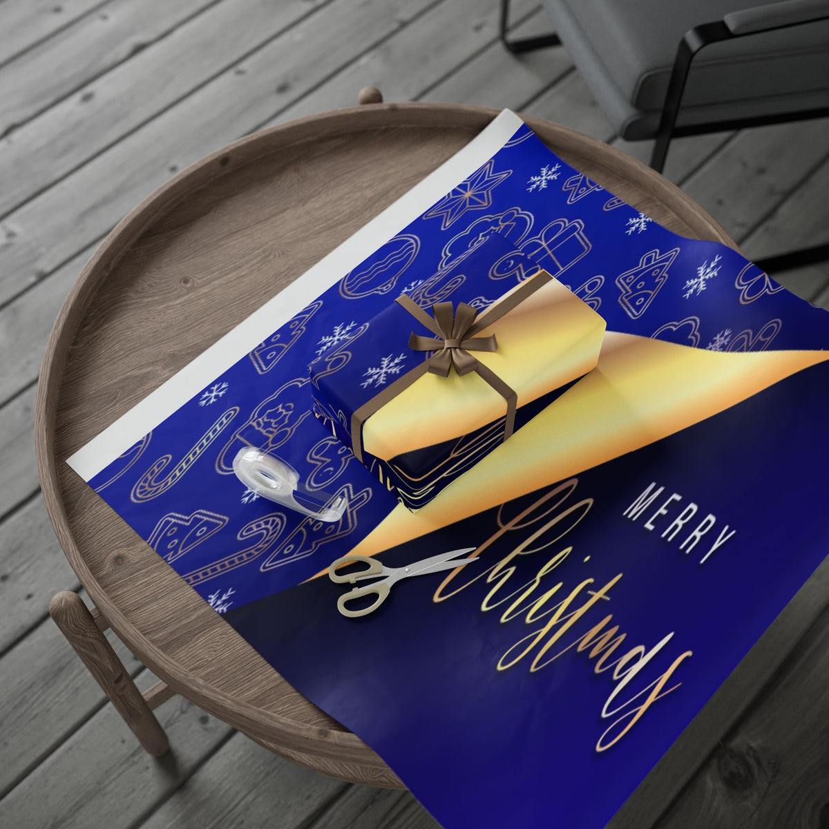 Christmas Wrapping Paper Roll - Blue & Gold 'Merry Christmas' Holiday Gift Wrap