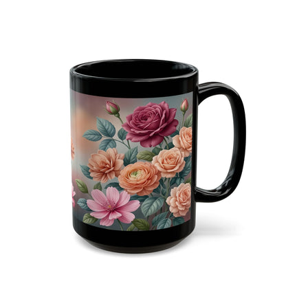 Floral Vintage Roses Black Coffee Mug (11oz/15oz)
