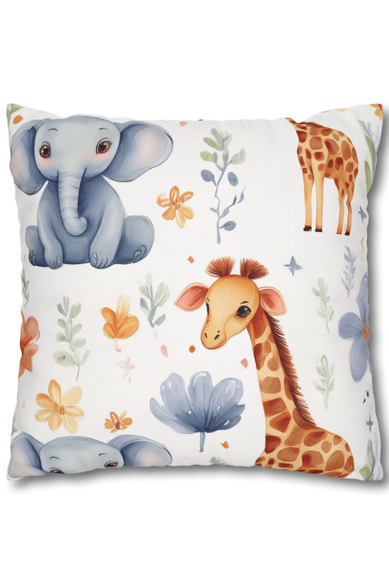 Nursery Animal Throw Pillowcase — Giraffe & Elephant Floral Square Cushion Cover by Grace Canvas Shop