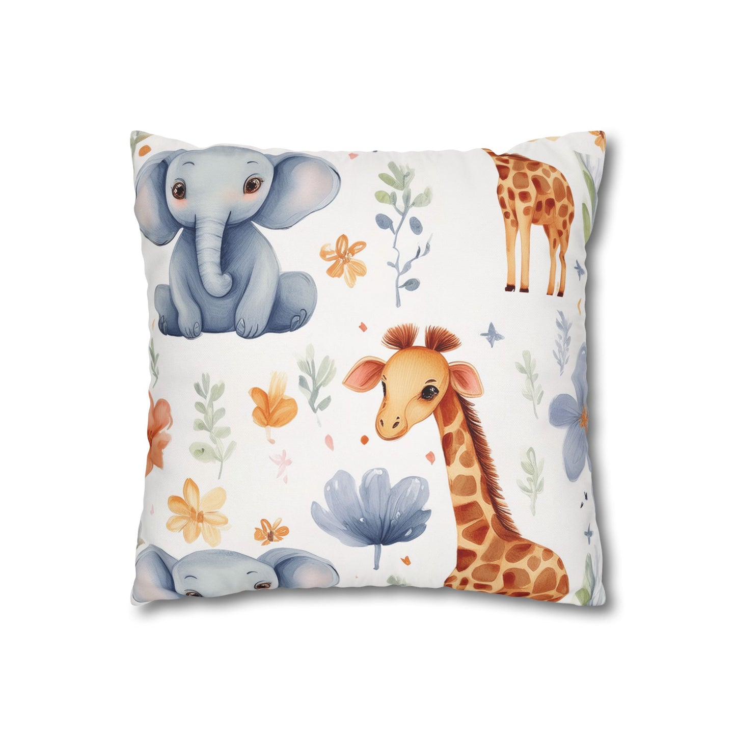 Nursery Animal Throw Pillowcase — Giraffe & Elephant Floral Square Cushion Cover by Grace Canvas Shop