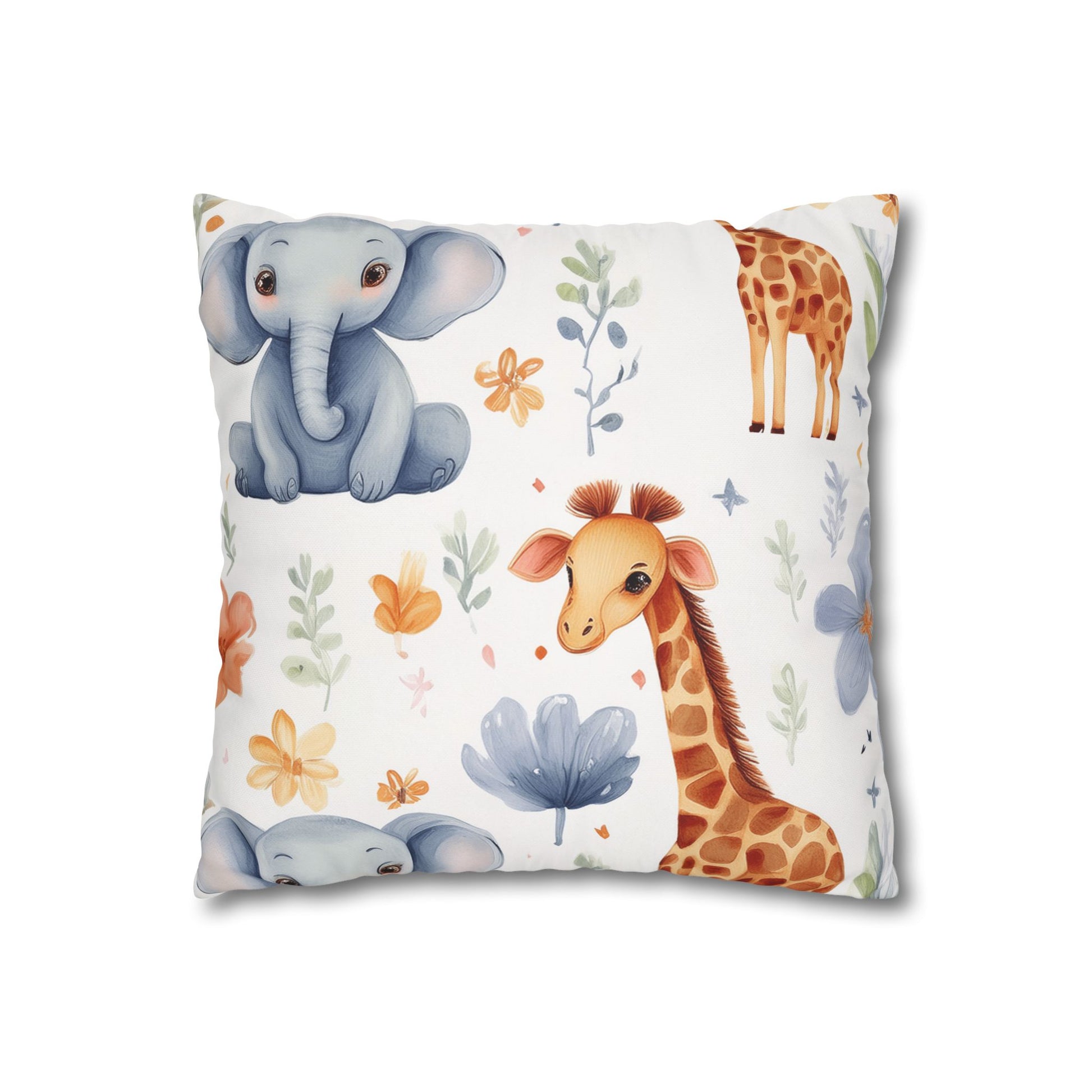 Nursery Animal Throw Pillowcase — Giraffe & Elephant Floral Square Cushion Cover by Grace Canvas Shop