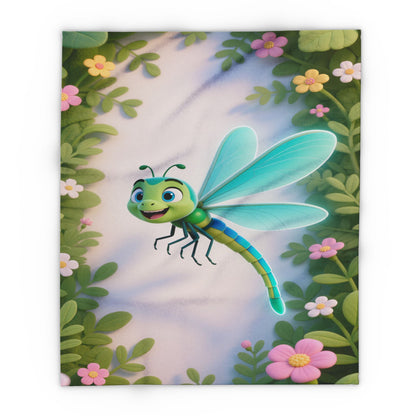 Dragonfly Garden Fleece Blanket — Cute Cartoon Insect Cozy Throw for Kids & Spring Décor by Grace Canvas Shop