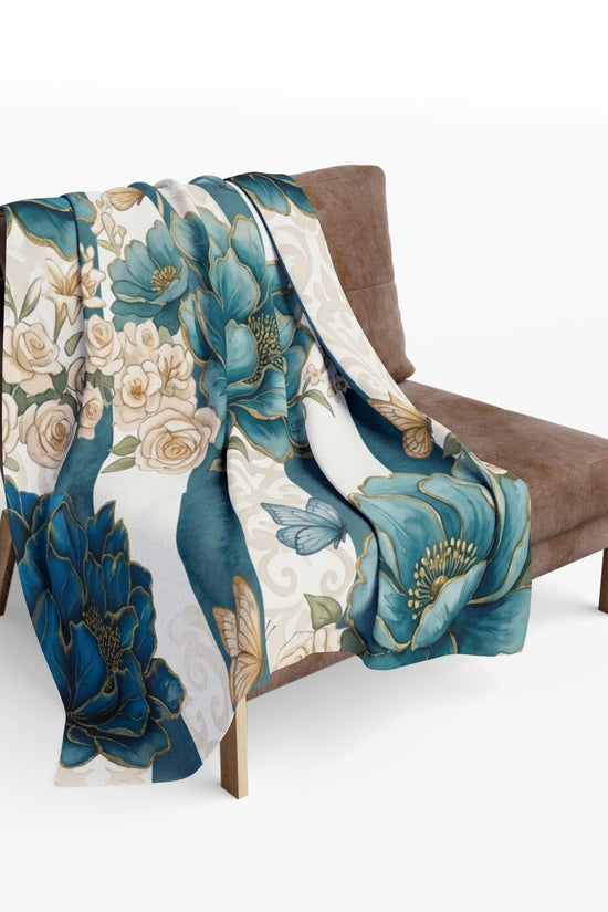 Teal Peony Striped Throw Fleece Blanket