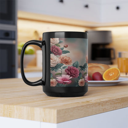 Floral Vintage Roses Black Coffee Mug (11oz/15oz)