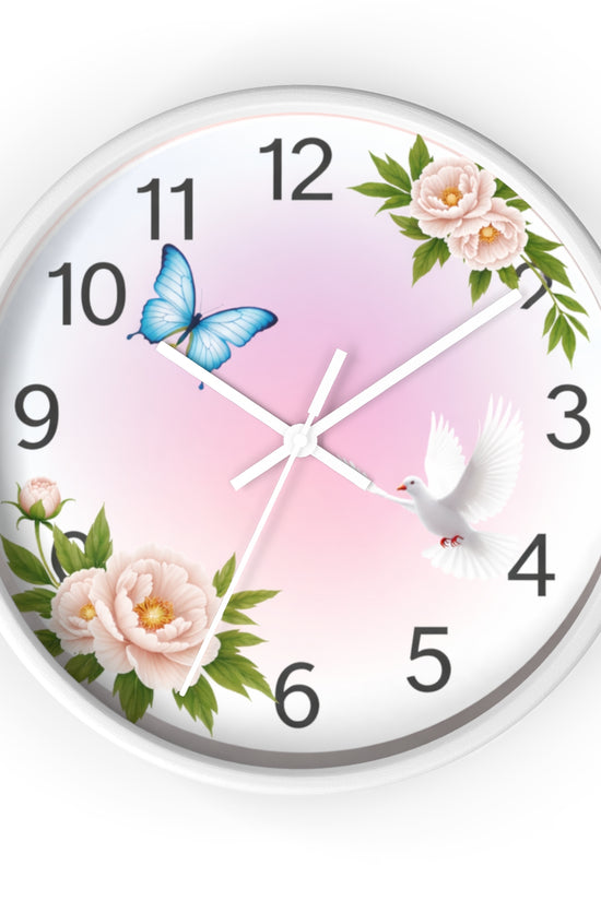 Wall Clock — Pastel Floral Clock with Dove & Blue Butterfly by Grace Canvas Shop