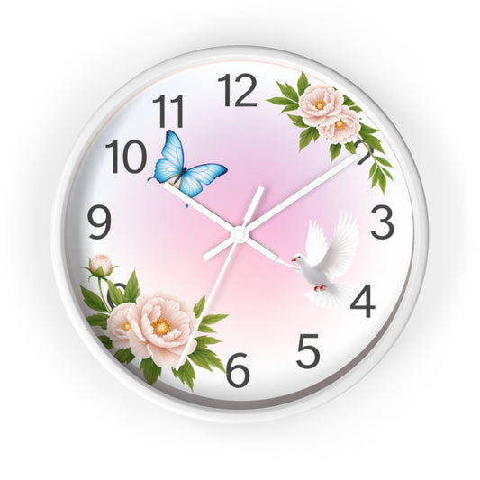 Wall Clock — Pastel Floral Clock with Dove & Blue Butterfly by Grace Canvas Shop