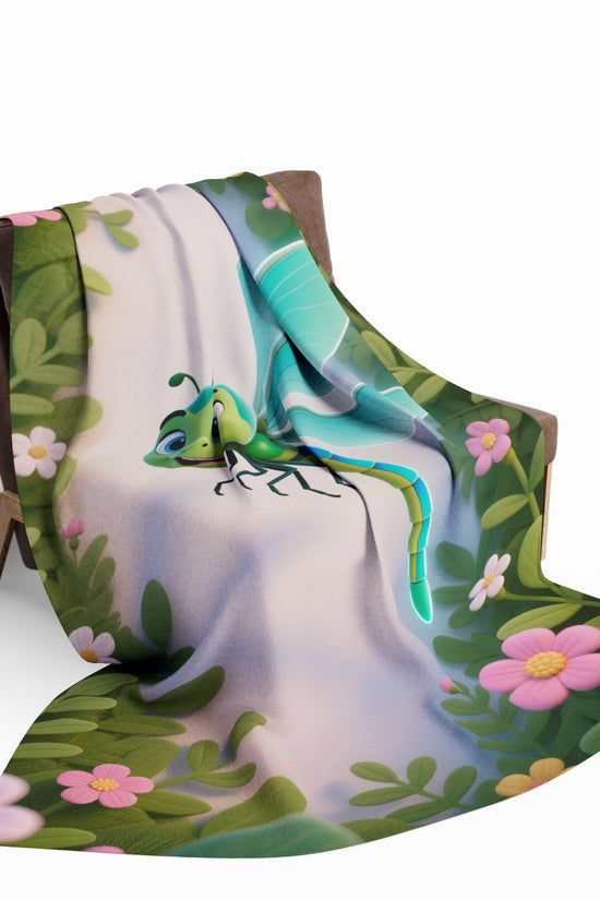 Dragonfly Garden Fleece Blanket — Cute Cartoon Insect Cozy Throw for Kids & Spring Décor by Grace Canvas Shop