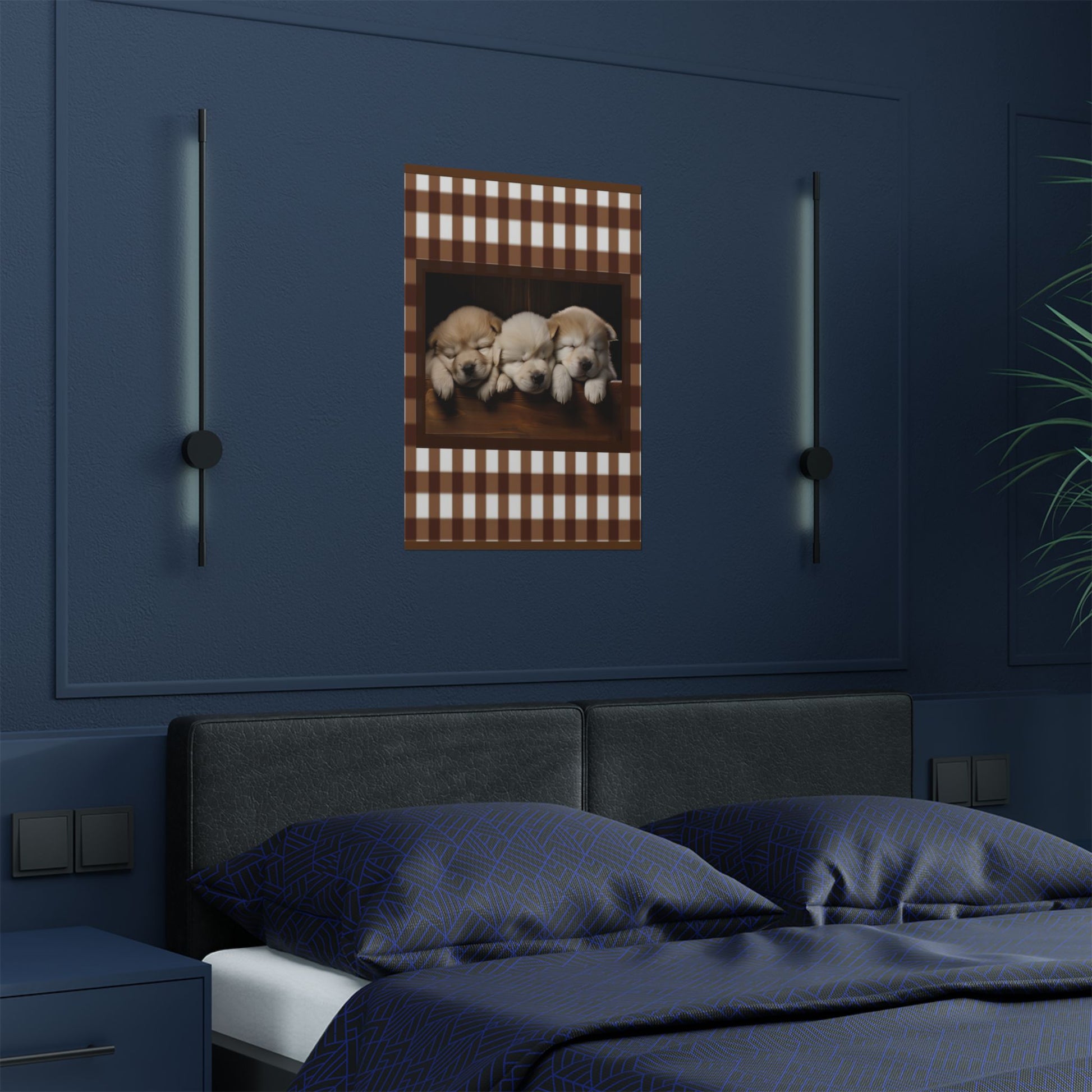 Sleeping Puppies Satin Poster — Cute Puppy Wall Art with Brown Gingham Border by Grace Canvas Shop