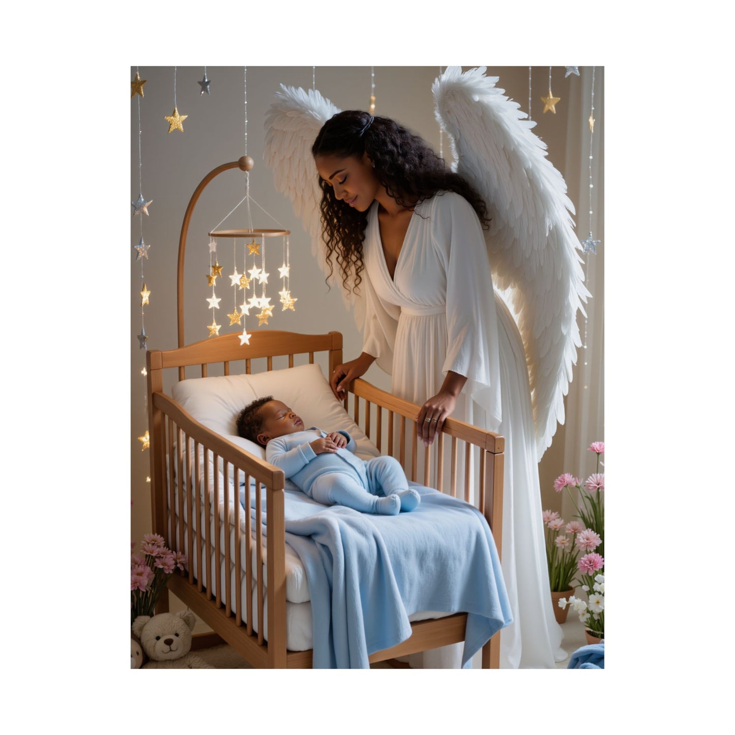 Guardian Angel Nursery Satin Poster — Angel Watching Over Baby (300gsm)