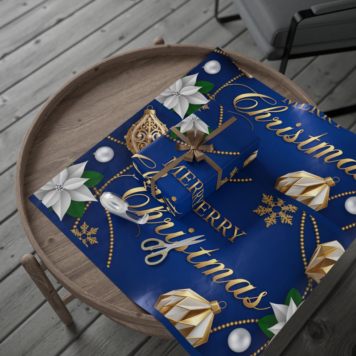 Merry Christmas Blue & Gold Wrapping Paper — Elegant Holiday Gift Wrap