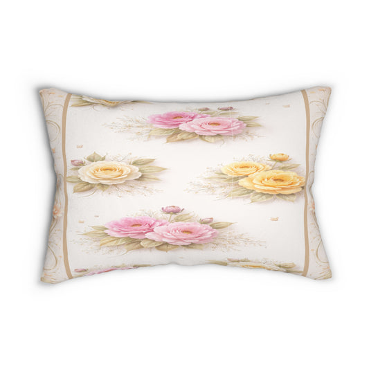 Vintage Floral Lumbar Pillow — Pink & Yellow Rose Decorative Cushion