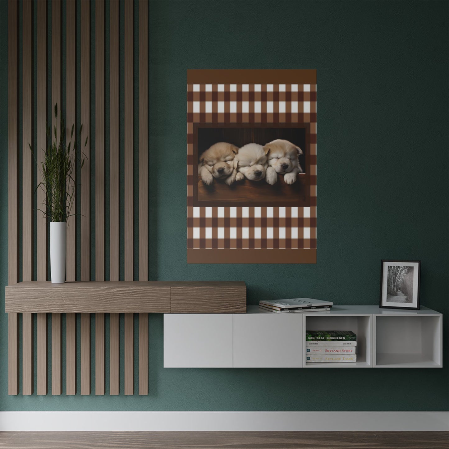 Sleeping Puppies Satin Poster — Cute Puppy Wall Art with Brown Gingham Border by Grace Canvas Shop