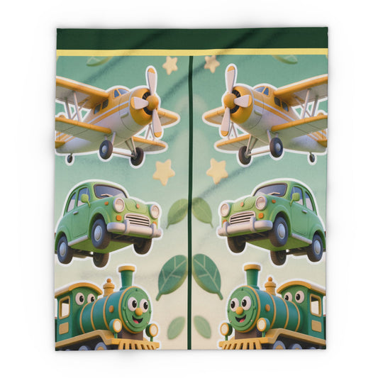 Kids Transport Fleece Blanket — Cute Plane, Car & Train Nursery Throw by Grace Canvas Shop