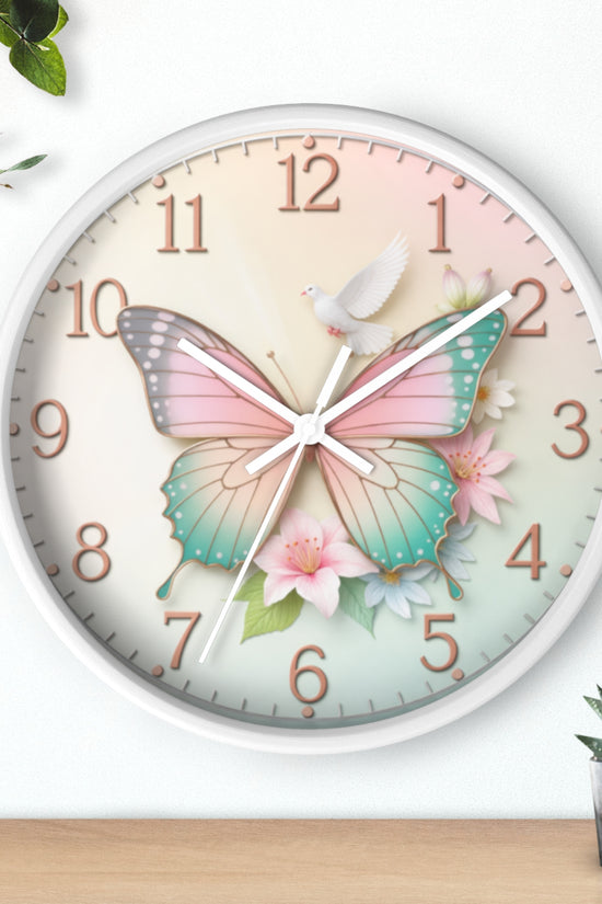 Pastel Butterfly Wall Clock — Floral Dove Decorative Clock for Nursery & Bedroom by Grace Canvas Shop