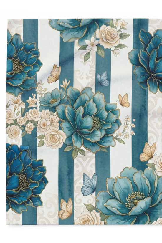 Teal Peony Striped Throw Fleece Blanket