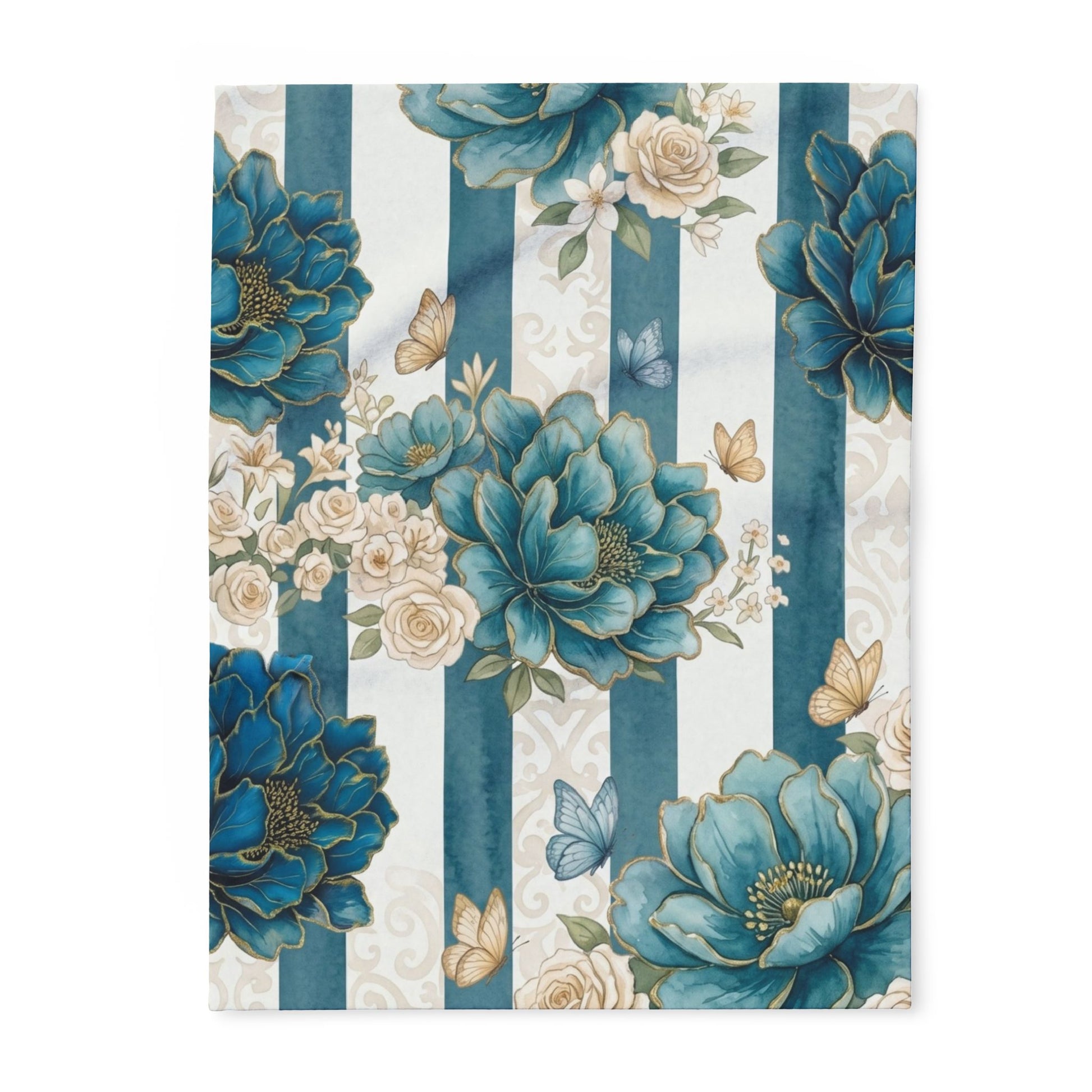 Teal Peony Striped Throw Fleece Blanket