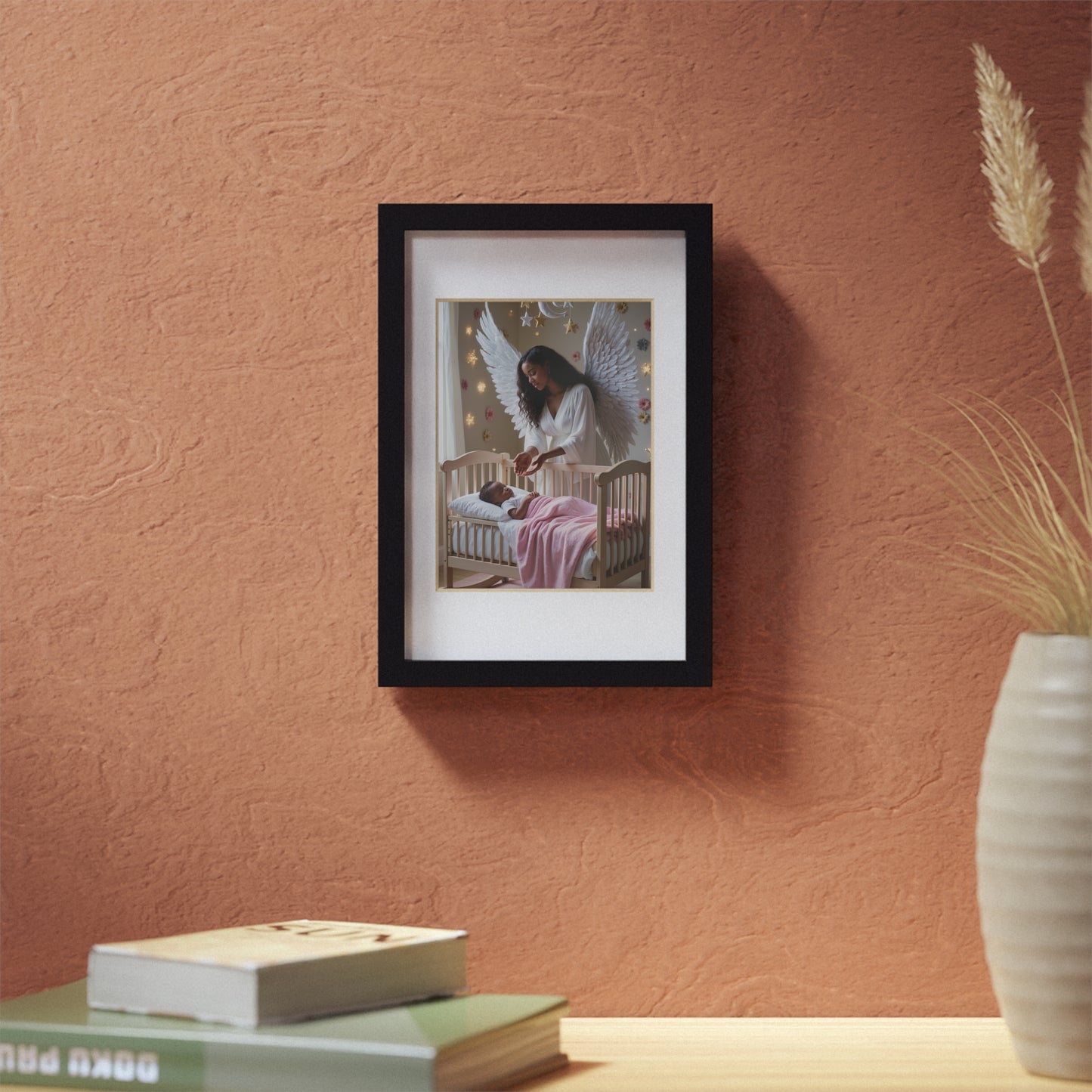 Guardian Angel Nursery Framed Poster – Angel Watching Over Sleeping Baby