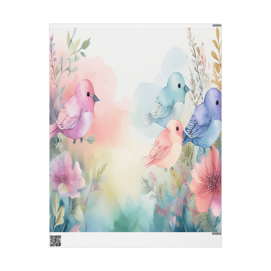 Pastel Bird Floral Wrapping Paper — Watercolor Birds Gift Wrap for Baby Showers & Spring Occasions