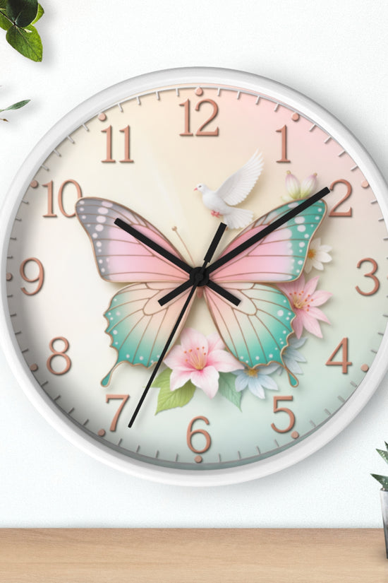 Pastel Butterfly Wall Clock — Floral Dove Decorative Clock for Nursery & Bedroom by Grace Canvas Shop