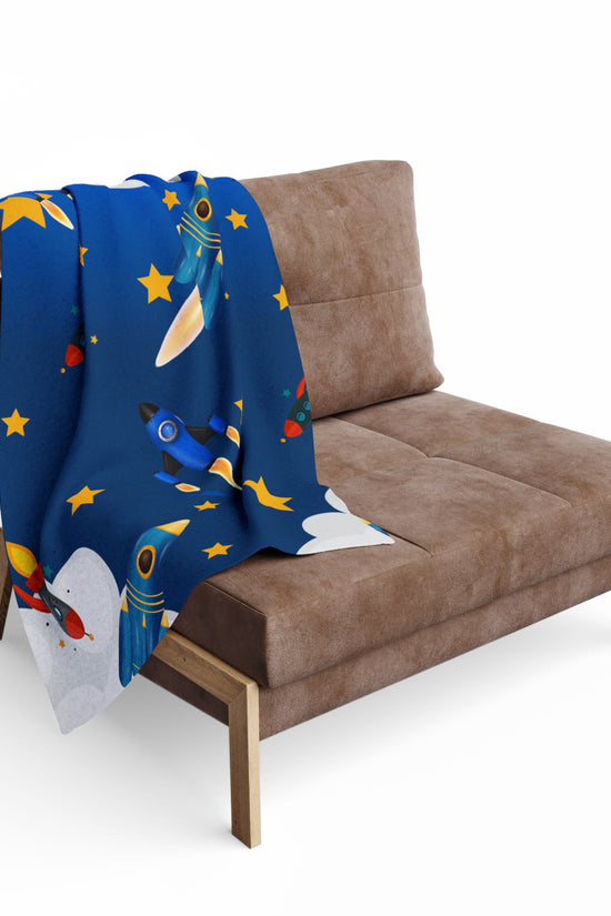 Rocket Ship Fleece Blanket — Kids Space Stars Throw for Nursery & Sleepovers by Grace Canvas Shop