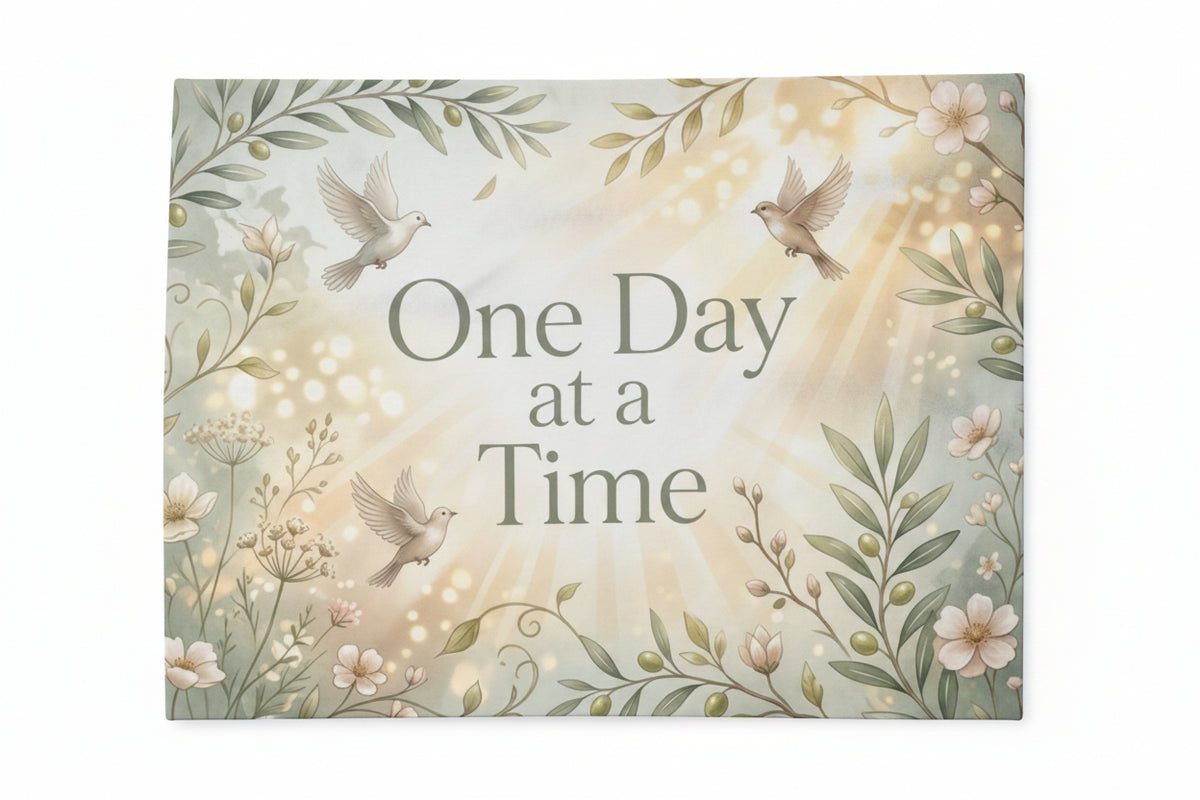 Decorative blanket with 'One Day at a Time' text and floral designs on a white background