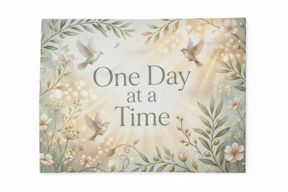 Decorative blanket with 'One Day at a Time' text and floral designs on a white background