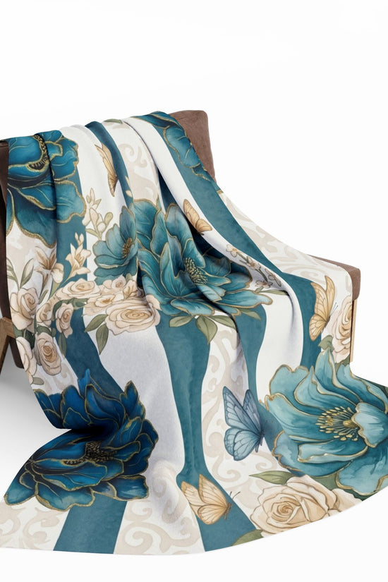 Teal Peony Striped Throw Fleece Blanket