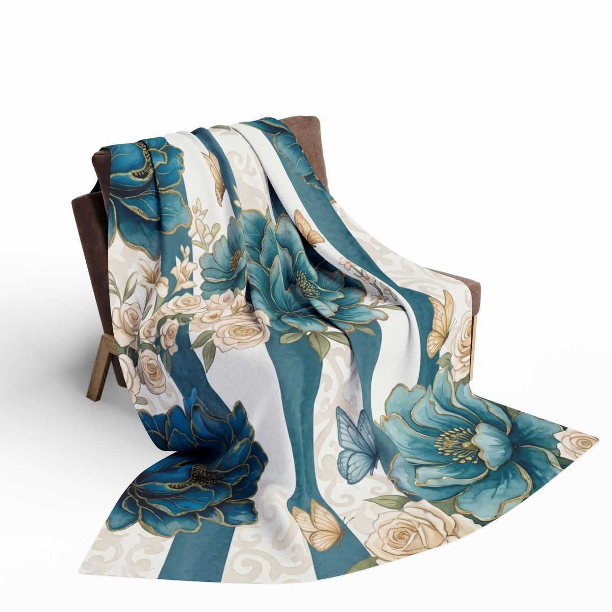 Teal Peony Striped Throw Fleece Blanket