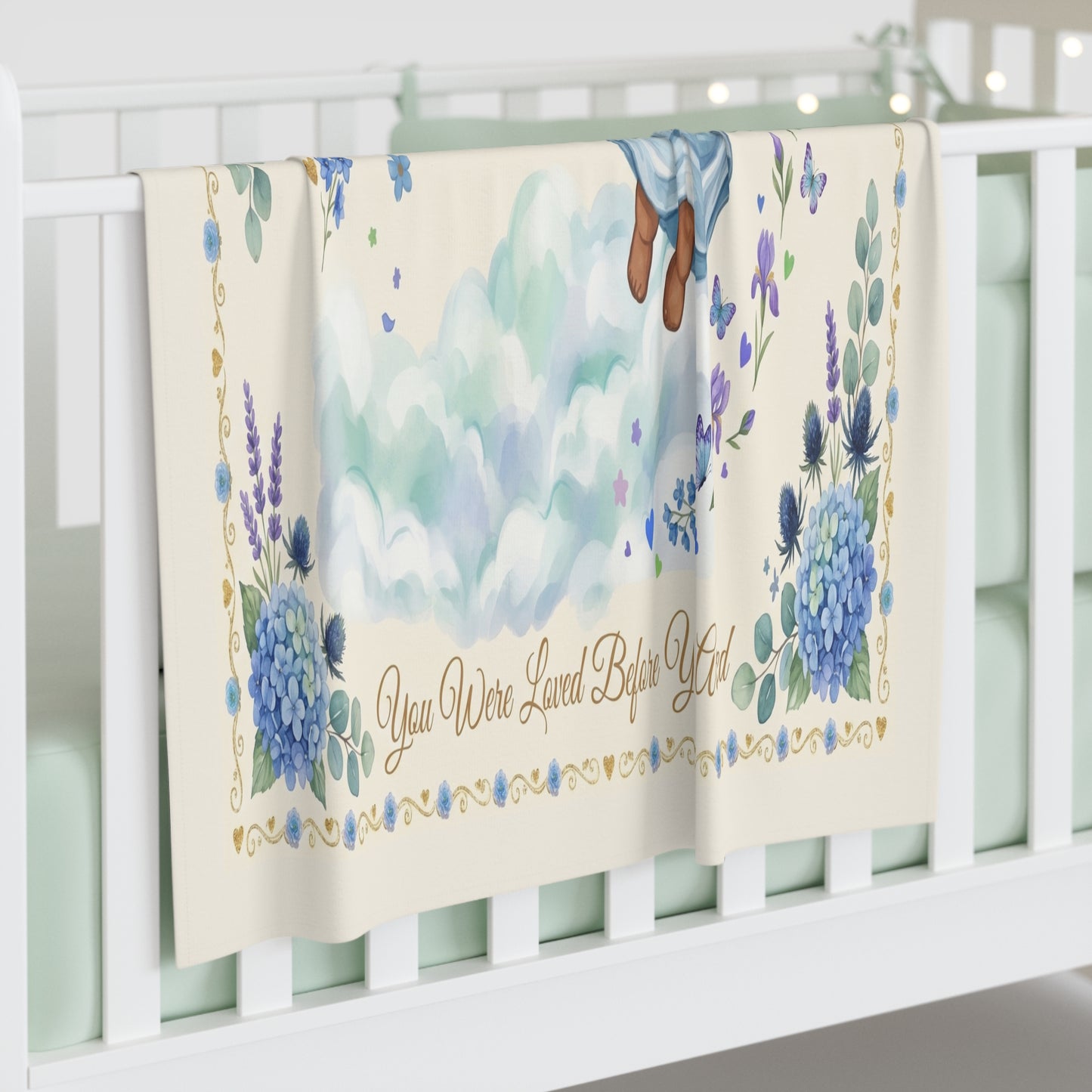 Baby Swaddle Blanket — Cherubic African American Angel Design with "You Were Loved Before You Arrived" — Newborn Gift