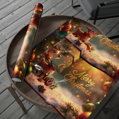 Christmas Reindeer Wrapping Paper Roll — Festive Holiday Gift Wrap with Cute Reindeer & Wreaths