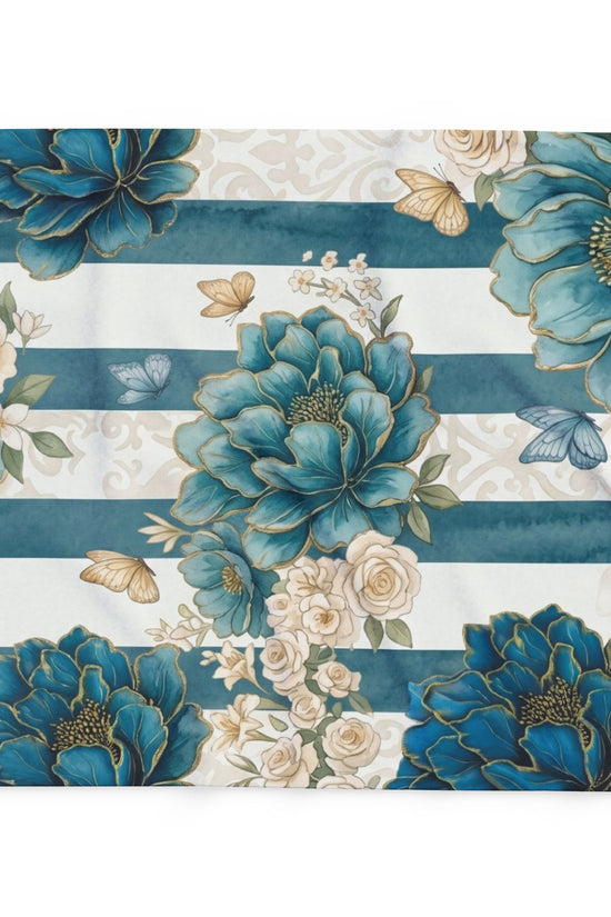 Teal Peony Striped Throw Fleece Blanket