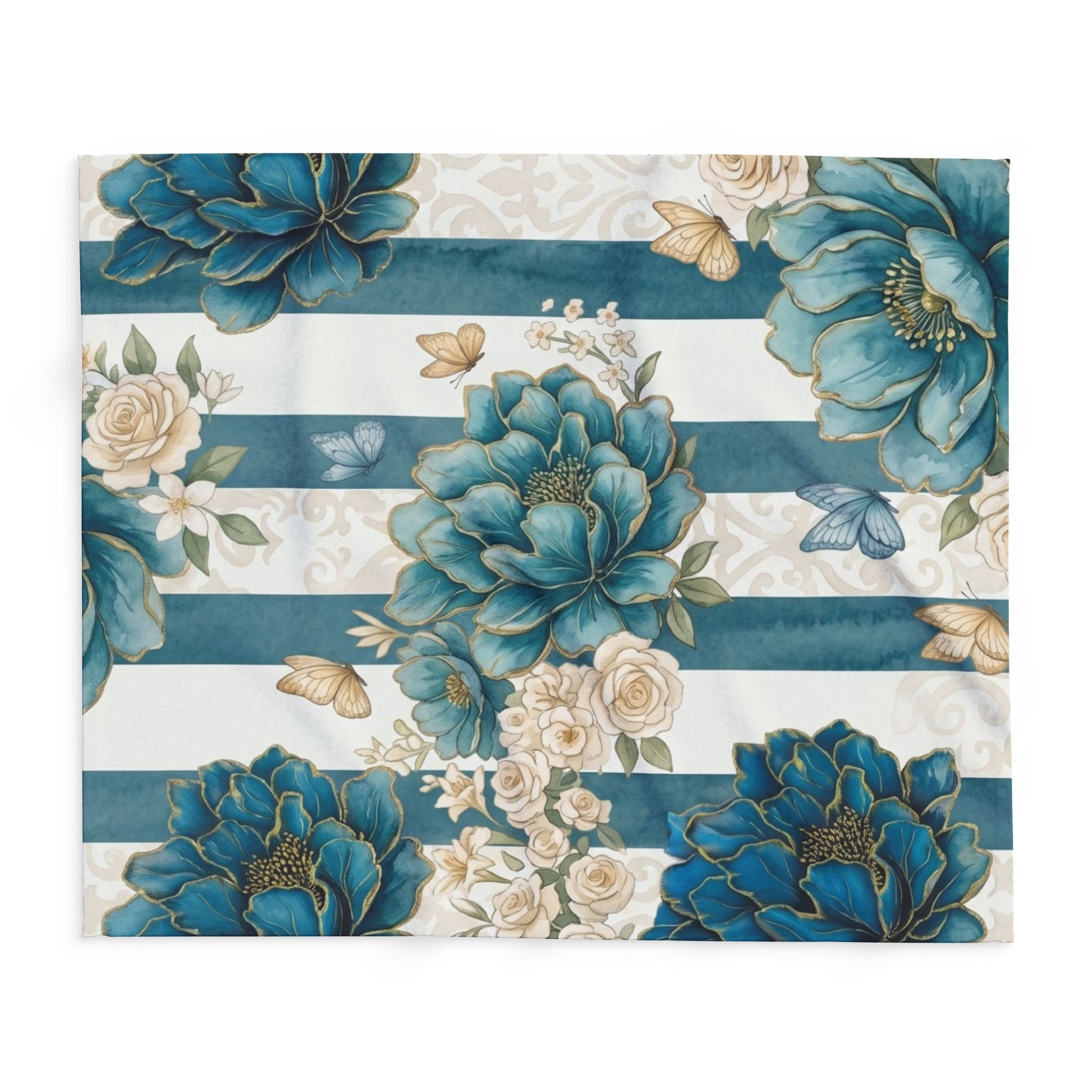 Teal Peony Striped Throw Fleece Blanket