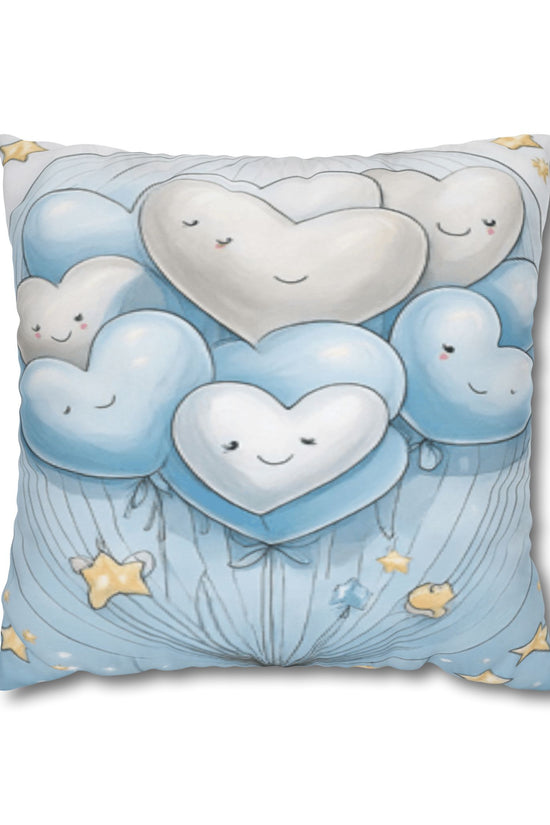 Blue Smiling Heart Balloons Square Pillowcase — Cute Nursery Decorative Throw Pillow Cover by Grace Canvas Shop