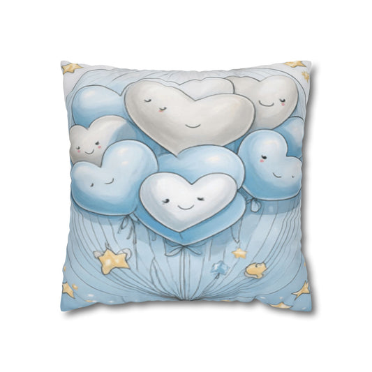 Blue Smiling Heart Balloons Square Pillowcase — Cute Nursery Decorative Throw Pillow Cover