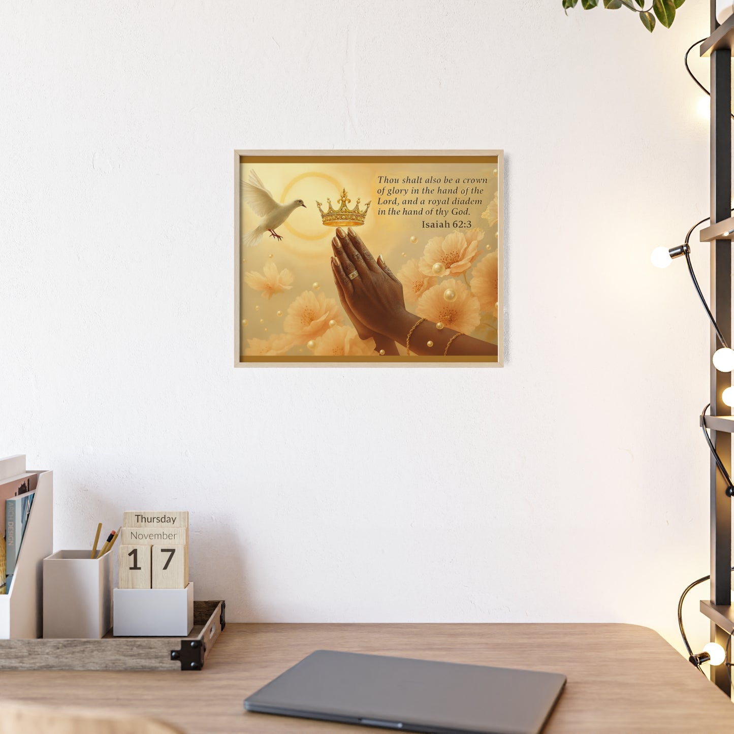Isaiah 62:3 Crown & Praying Hands Framed Poster with Wooden Frame