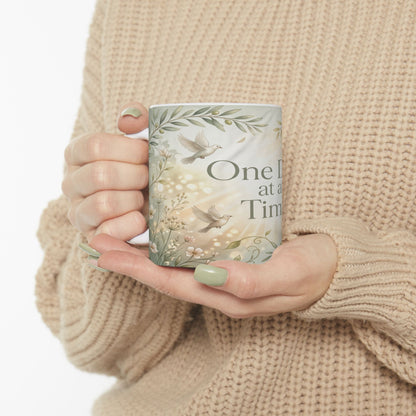 One Day at a Time Ceramic Mug — Inspirational Floral Coffee Cup (11oz, 15oz)
