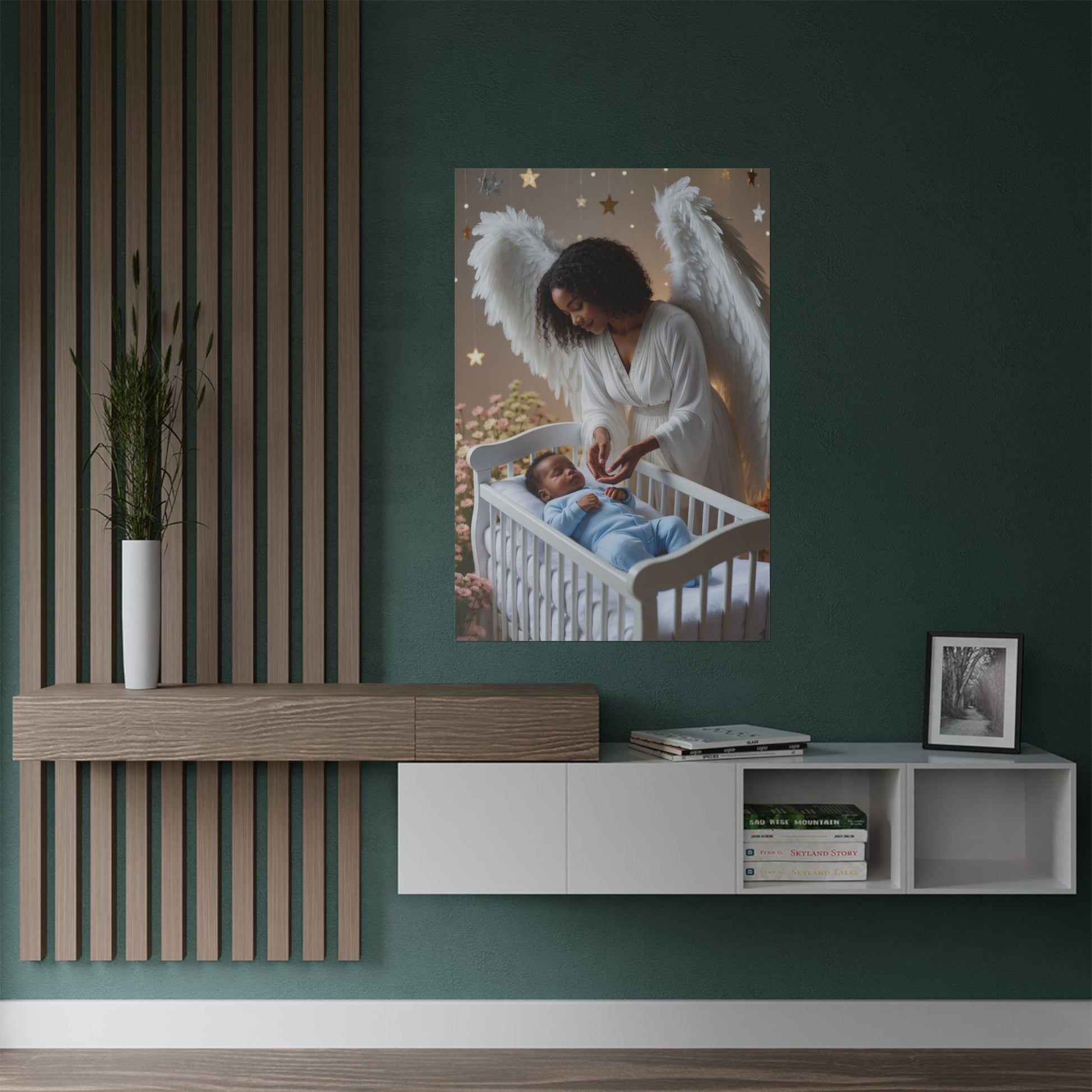 Angel Nursery Satin Poster 2 — Guardian Angel Crib Wall Art (300gsm) by Grace Canvas Shop