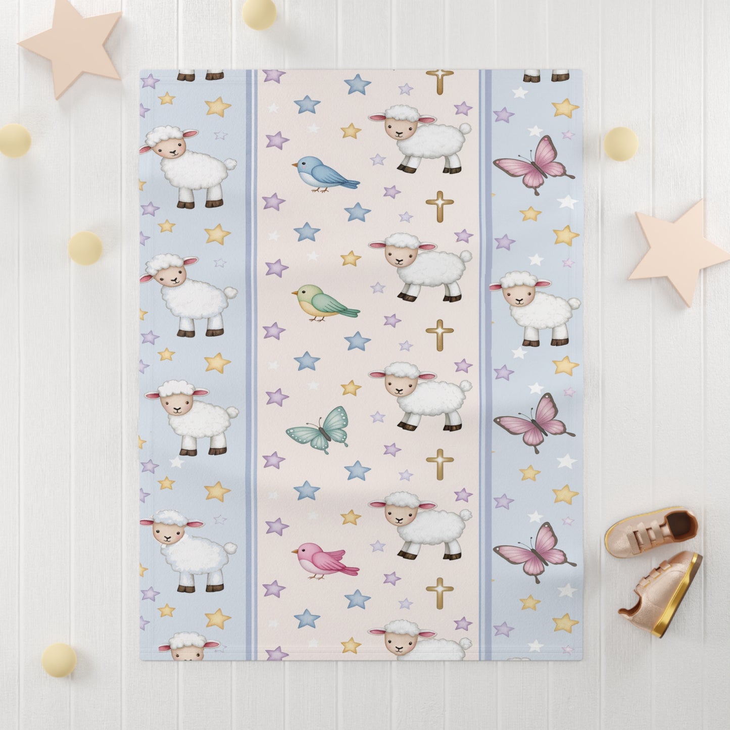 Christian Baby Blanket — Pastel Lambs, Birds & Cross Nursery Throw