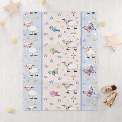 Christian Baby Blanket — Pastel Lambs, Birds & Cross Nursery Throw